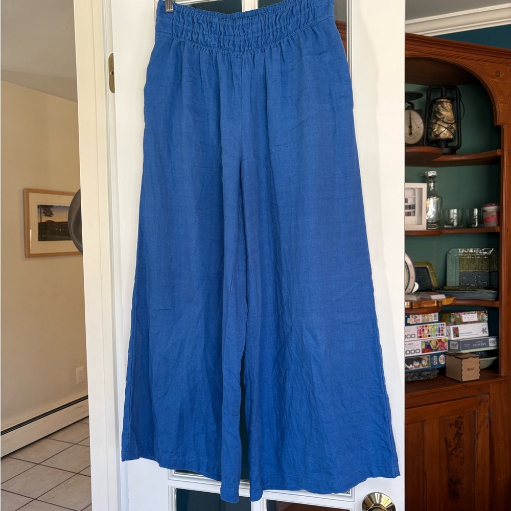Anthropologie Elastic Waist Blue Linen Wide Leg Pants